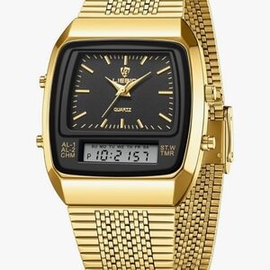 NWOT Women Liebig Retro Watch Luxury Gold Stainless Steel Analog Digital